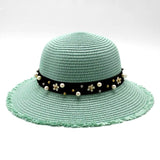 Pearl Beading Flat Brimmed Straw Hat