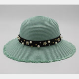 Pearl Beading Flat Brimmed Straw Hat