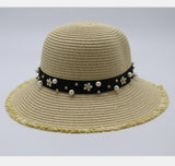 Pearl Beading Flat Brimmed Straw Hat