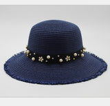 Pearl Beading Flat Brimmed Straw Hat
