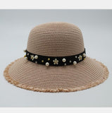 Pearl Beading Flat Brimmed Straw Hat