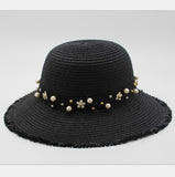 Pearl Beading Flat Brimmed Straw Hat