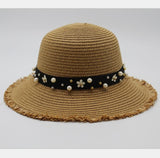 Pearl Beading Flat Brimmed Straw Hat